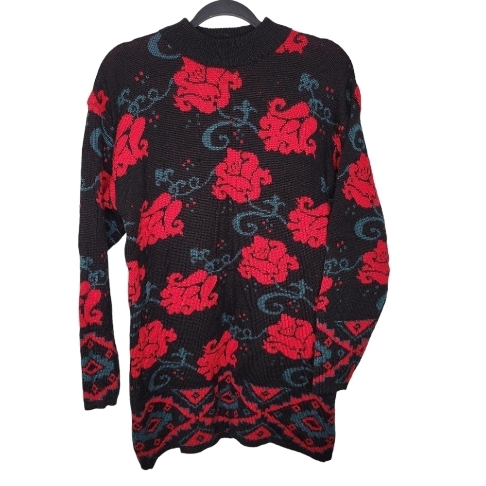 Vintage 90s Slouchy Rose Print Sweater Dress
